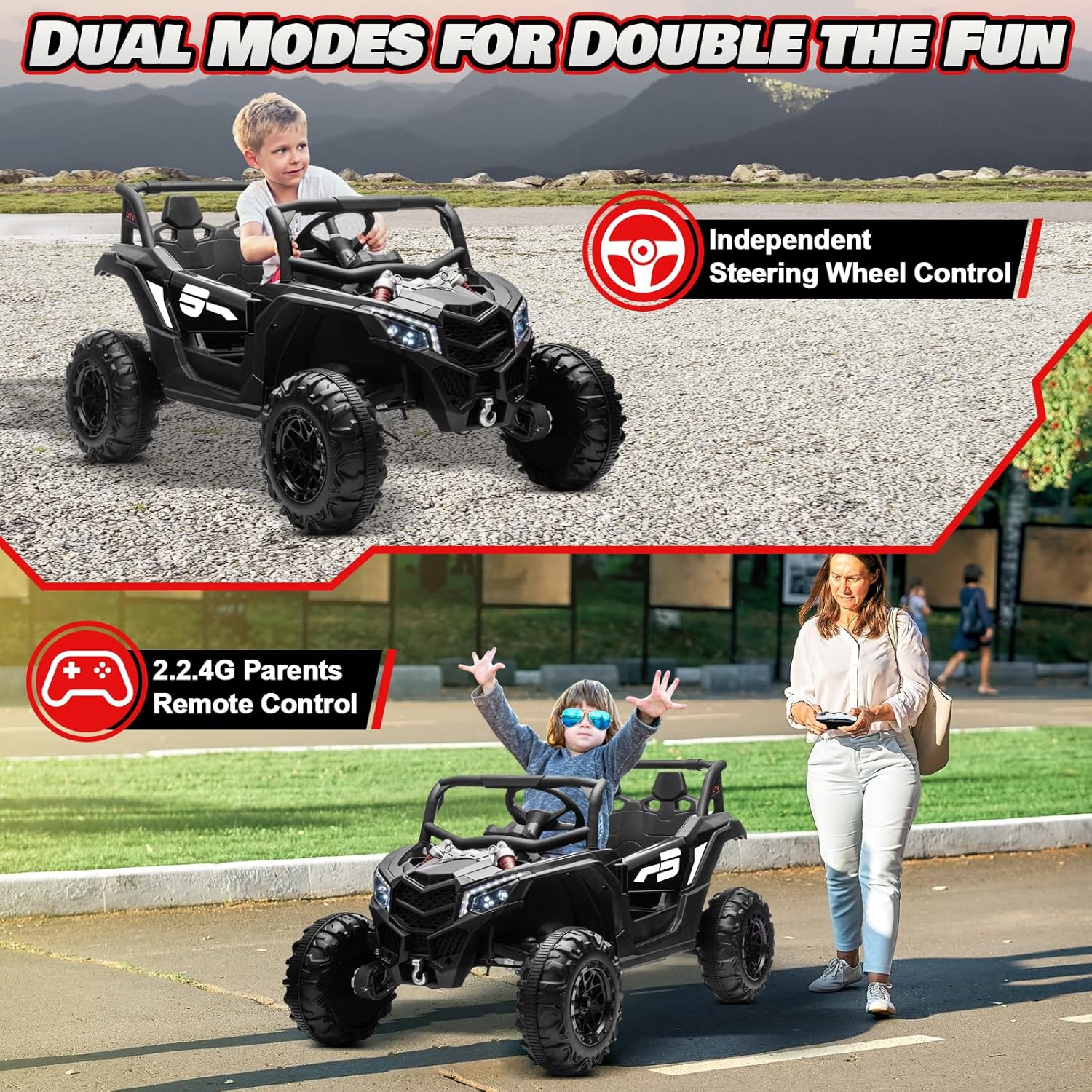 JOYRACER Kids Remote Control Car with 4 x 150W Motors, Shock Absorbers, Bluetooth, MP3 Player, and Headlights