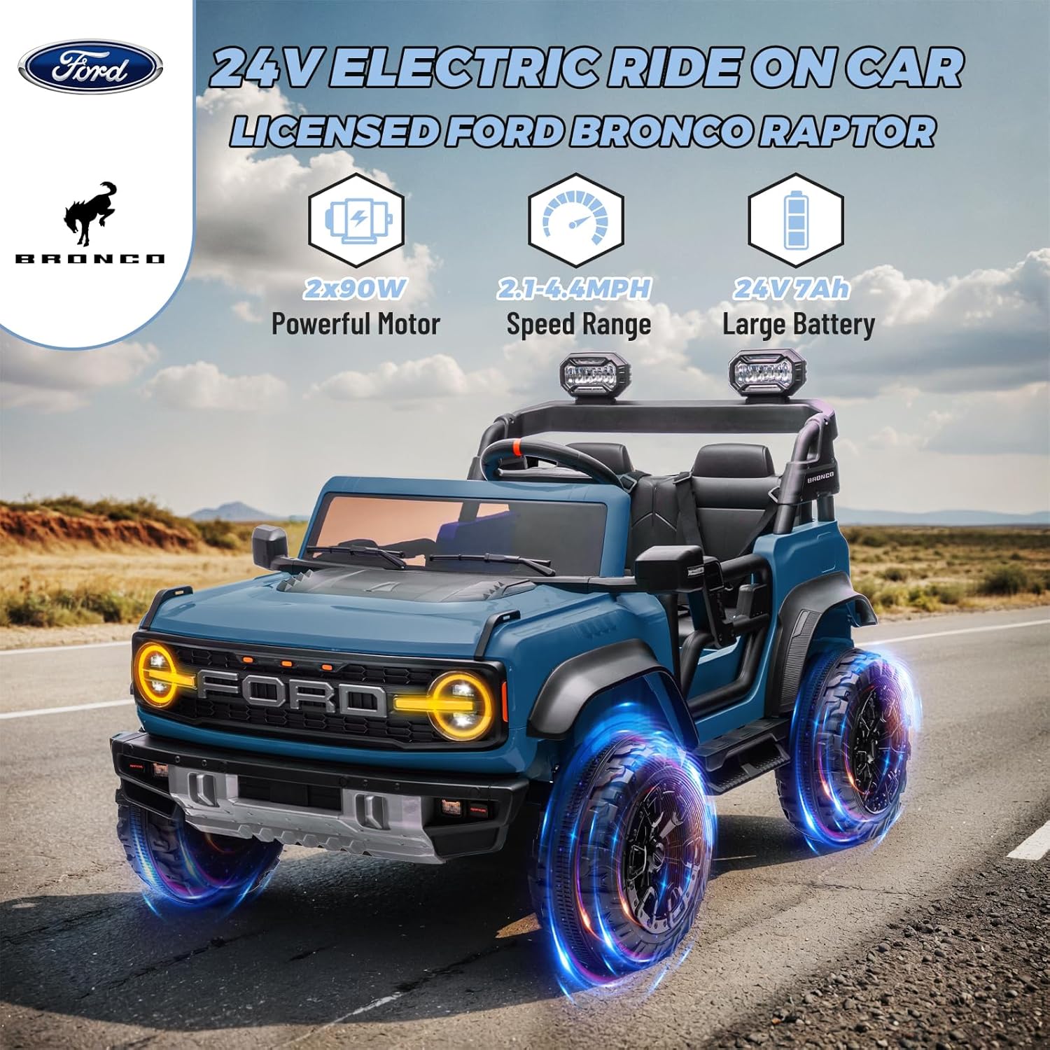 Bronco Raptor Two-Seater Ride-On Car Truck Toy Blue