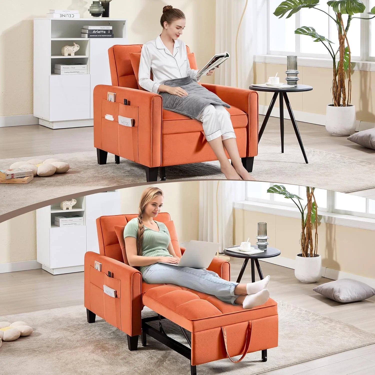 Convertible Sleeper Chair, 3 in 1 Sleeper Chair Bed Pull Out Sofa Bed Chairs, Velvet Single Sofa with Adjustable Backrest
