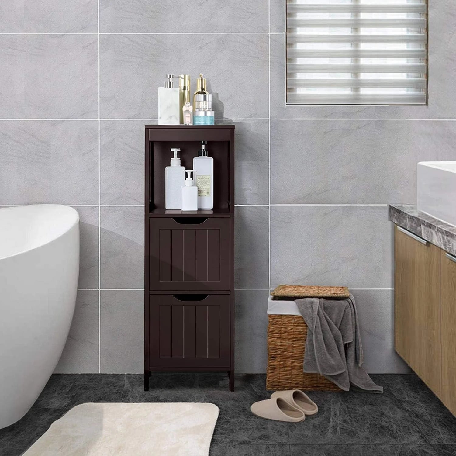 Bathroom Floor Cabinet, Wooden Storage Cabinet with 2 Drawers, Multifunctional Side Organizer Rack Stand Table