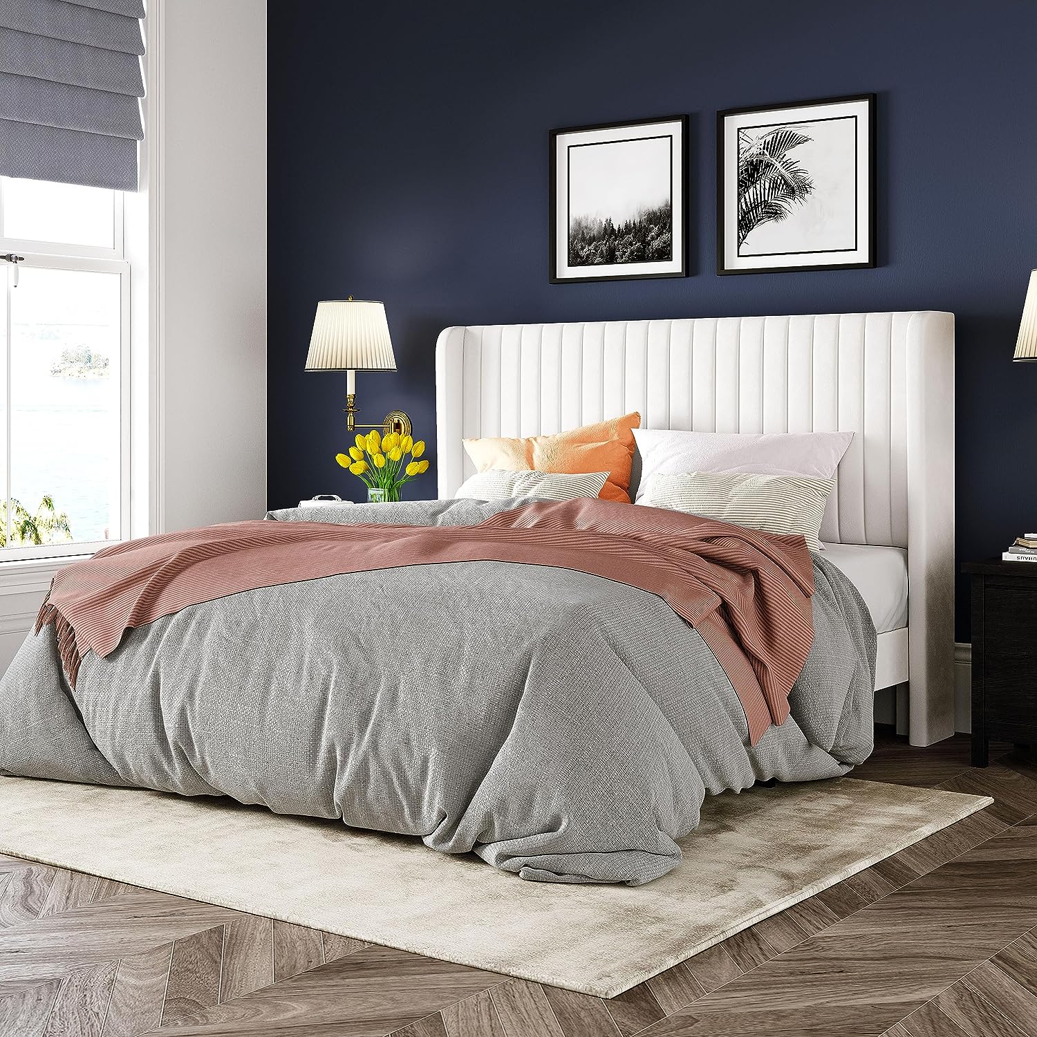 Allewie Full Size Velvet Bed Frame Vertical Channel Tufted Wingback Headboard Upholstered Bed