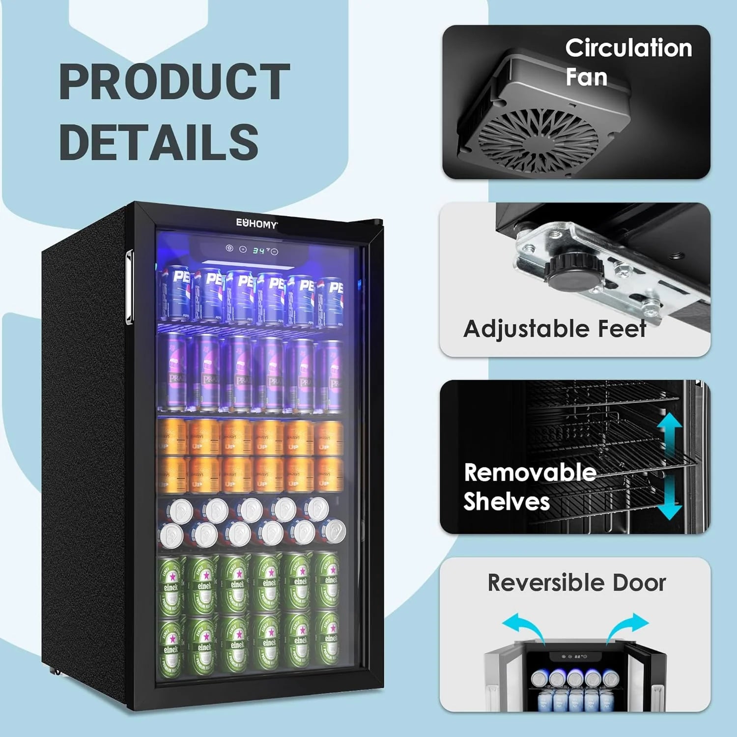 EUHOMY Beverage Refrigerator Cooler, 130 Can Mini Fridge with Glass Door for Soda Beer or Wine, Beverage Cooler for Home, Office, Bar with Adjustable Removable Shelves, Silver