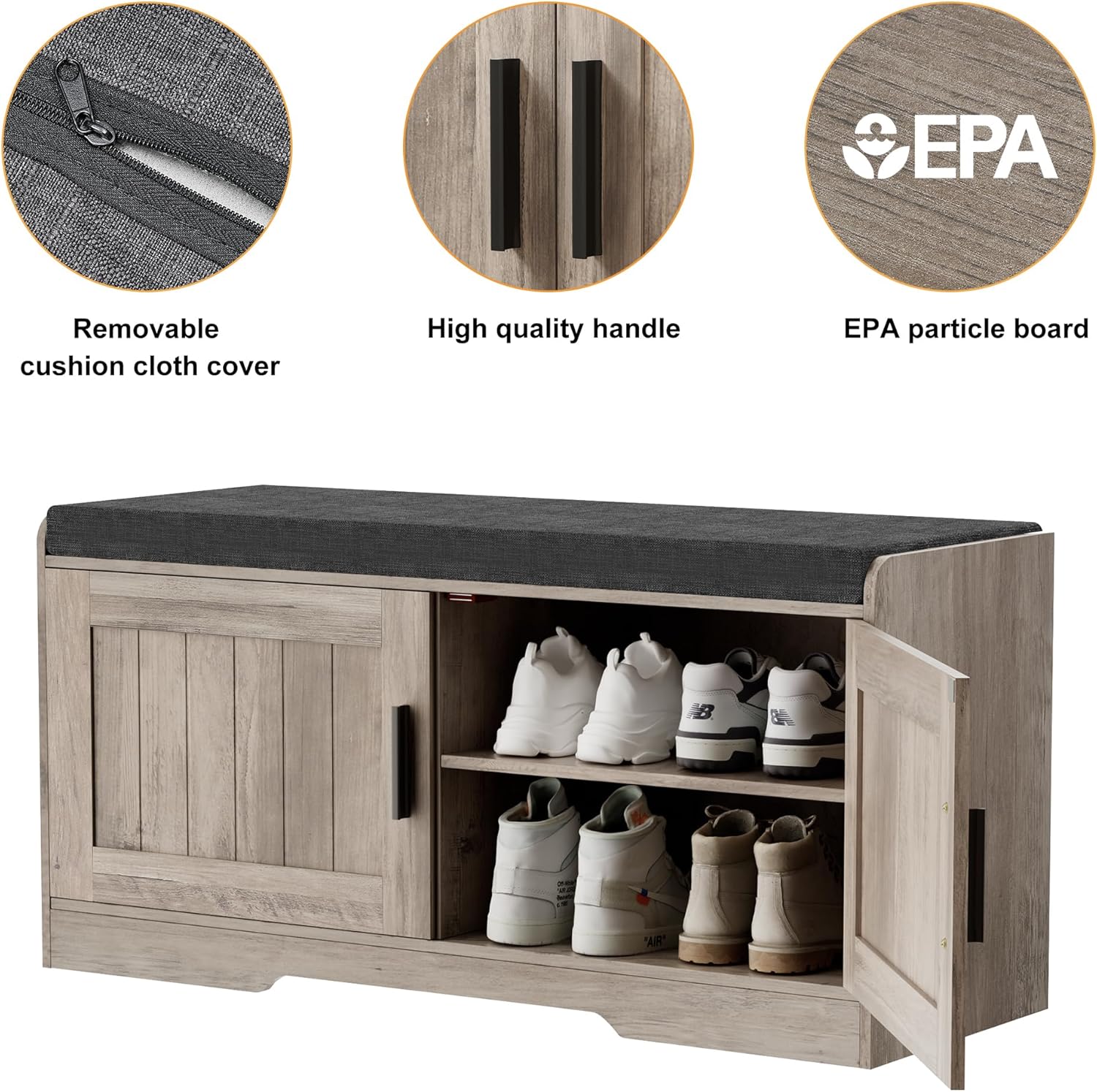 2-Tier Storage Bench, Shoe Bench with Thickened Padded Seat Cushion, Entryway Bench with 4 Doors, Adjustable Shelf, 13.8 D x 45.3 W x 18.5 H, for Entryway, Living Room, Bedroom, White