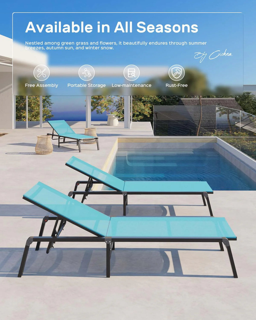 Aluminum Chaise Lounge Ourdoor - Foldable & Assemble Free Outdoor Lounge Chair with 5 Adjustable Backrest, Patio Lounge Chair for Outside Poolside Beach Pool, Black