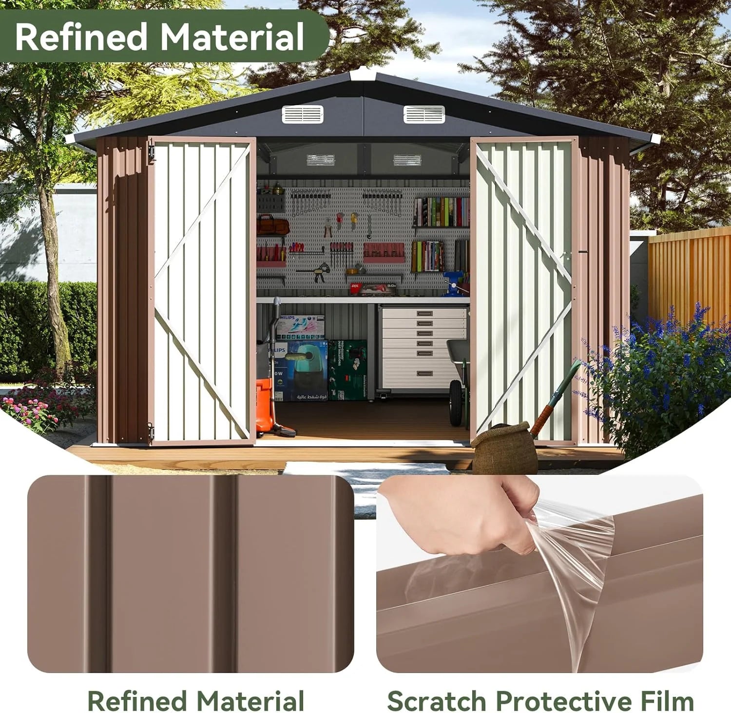 Aoxun 12x10 FT Shed Metal Outdoor Waterproof Storage Shed Steel Utility Garden Tool Shed with Door & Lock Outdoor Storage for Garden Patio Lawn Poolside, Brown
