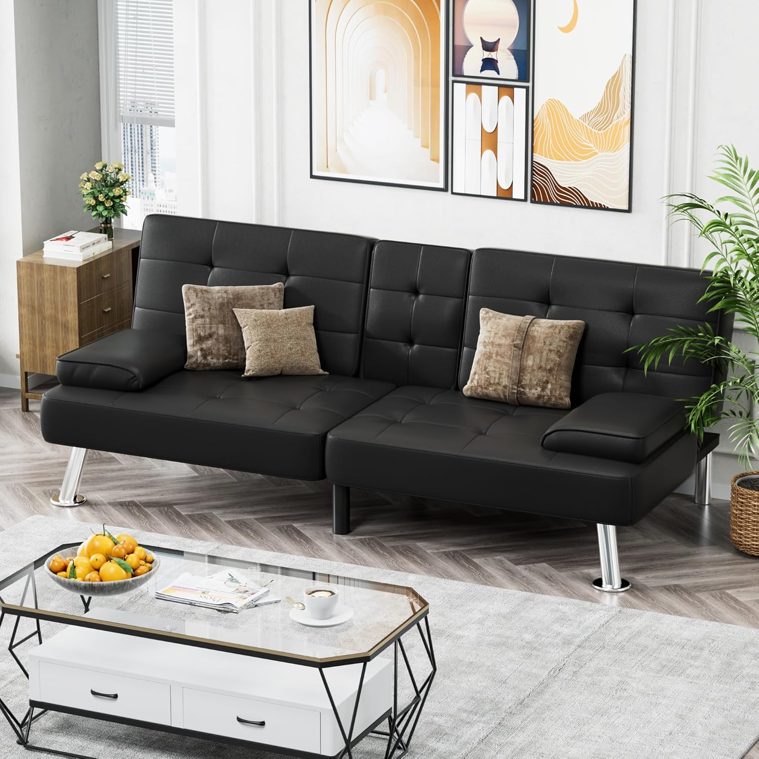 Homall Futon Sofa Bed Leather Futon Couch with Armrests Adjustable Recliner Sleeper Sofa Bed