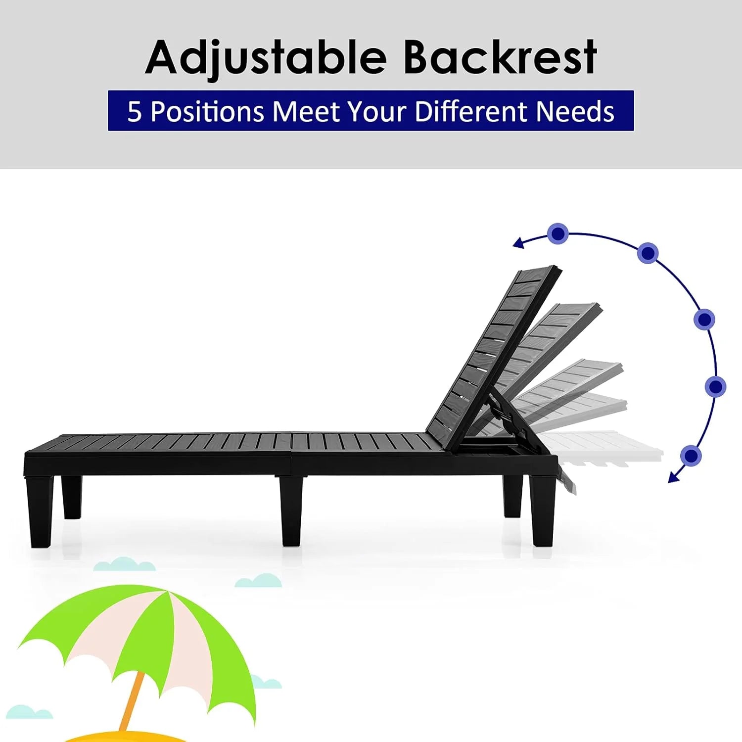 Outdoor Chaise Lounge Chair, Lightweight Patio Lounge Recliner Chair with Adjustable Backrest, 5 Reclining Positions Chaise Lounger for Patio, Beach, Balcony, Poolside, Backyard (1, Black)