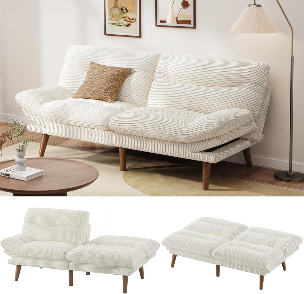 Pipishell Convertible Futon Sofa Bed,66 Corduroy Futon Couch with Adjustable Backrest and Armrests, Recliner Sleeper Sofa for Small Spaces, Play Room or Office, Grey