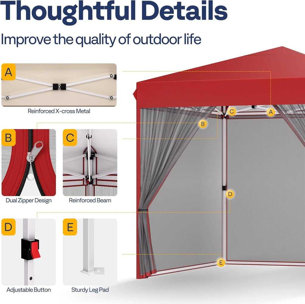 10x10ft Easy Pop-Up Canopy, Outdoor Screen Tent with Mosquito Netting, 2 Zipper Doors, and Roller Bag for Yard Camping Picnic Party Events, Beige