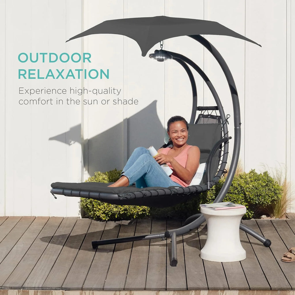 Best Choice Products Outdoor Hanging Curved Steel Chaise Lounge Chair Swing w/Built-in Pillow and Removable Canopy - Teal