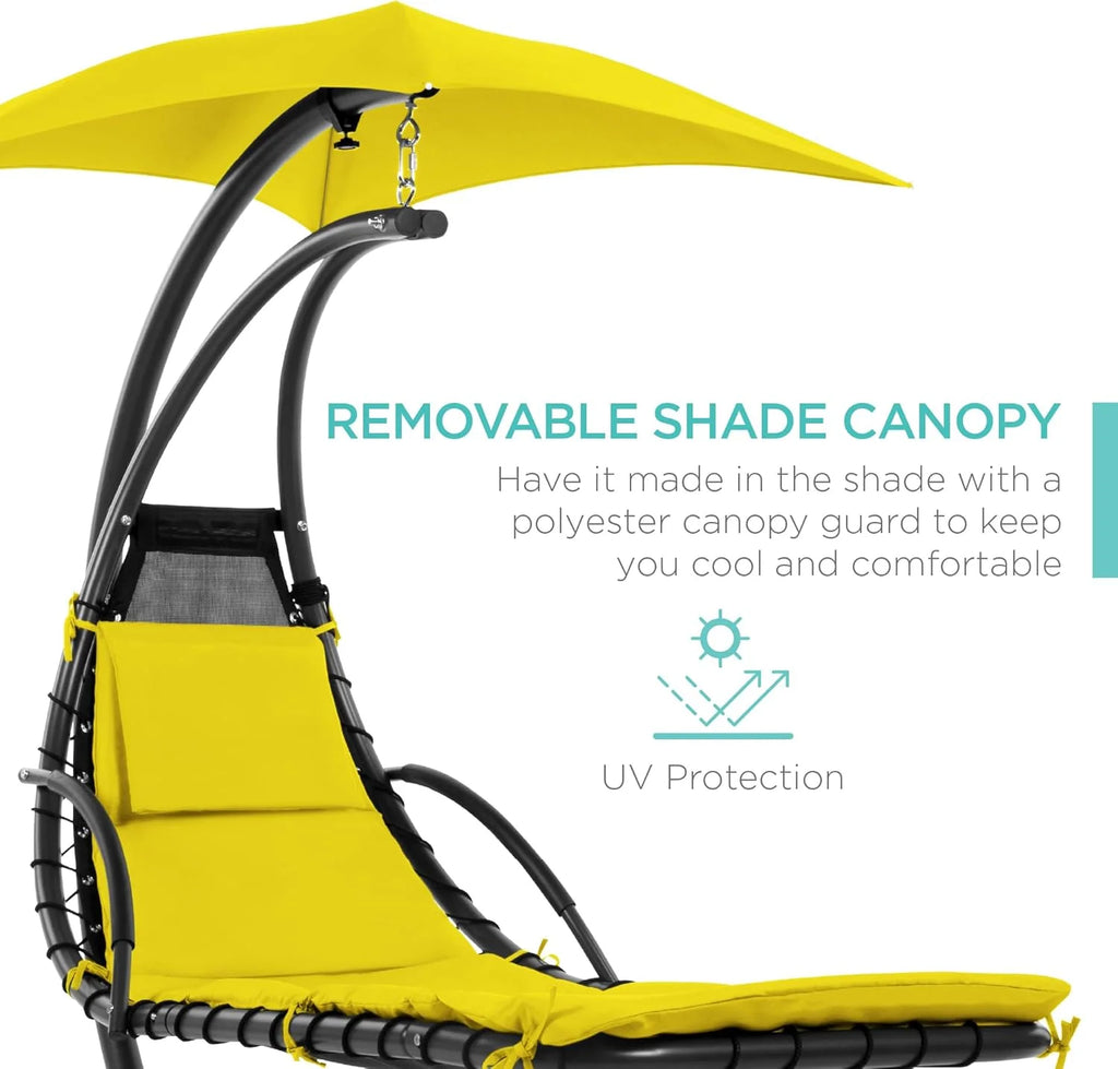 Best Choice Products Outdoor Hanging Curved Steel Chaise Lounge Chair Swing w/Built-in Pillow and Removable Canopy - Teal