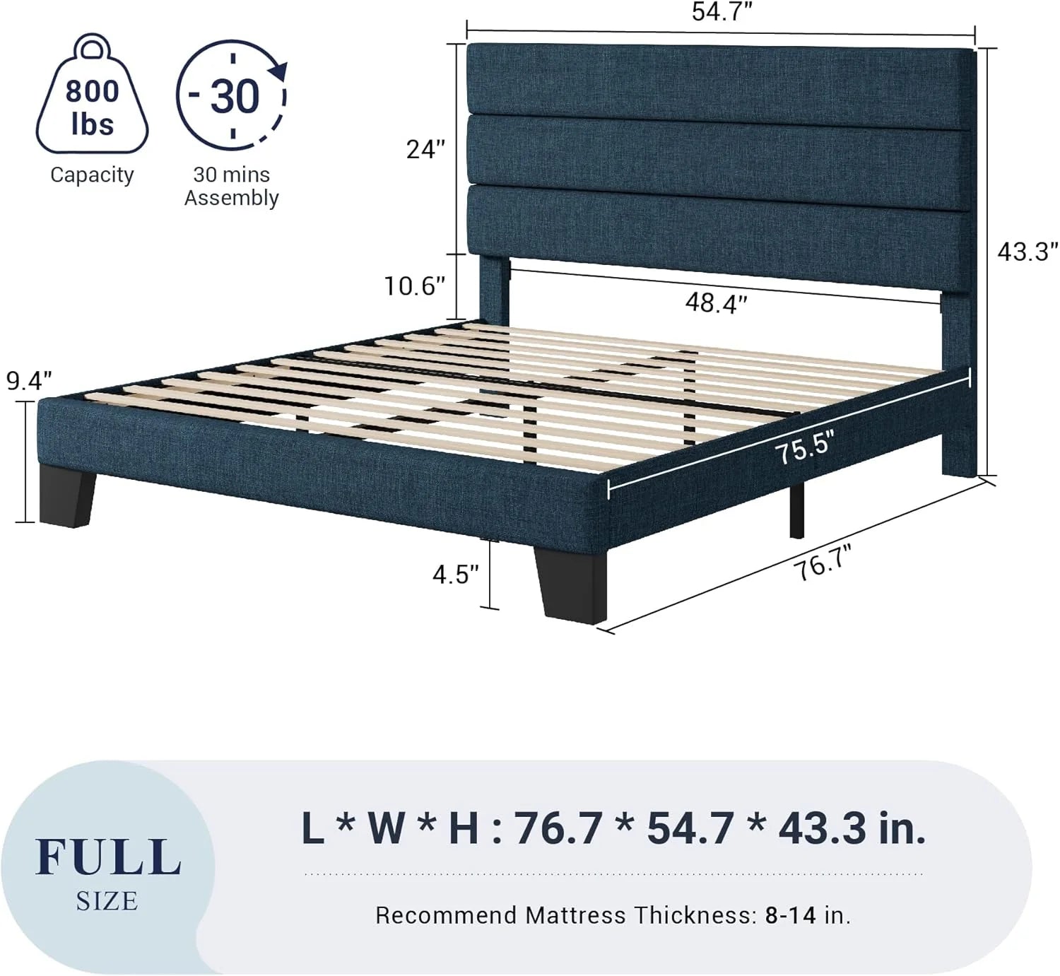 Allewie Queen Size Platform Bed Frame Fabric Upholstered Headboard Wooden Slats Support