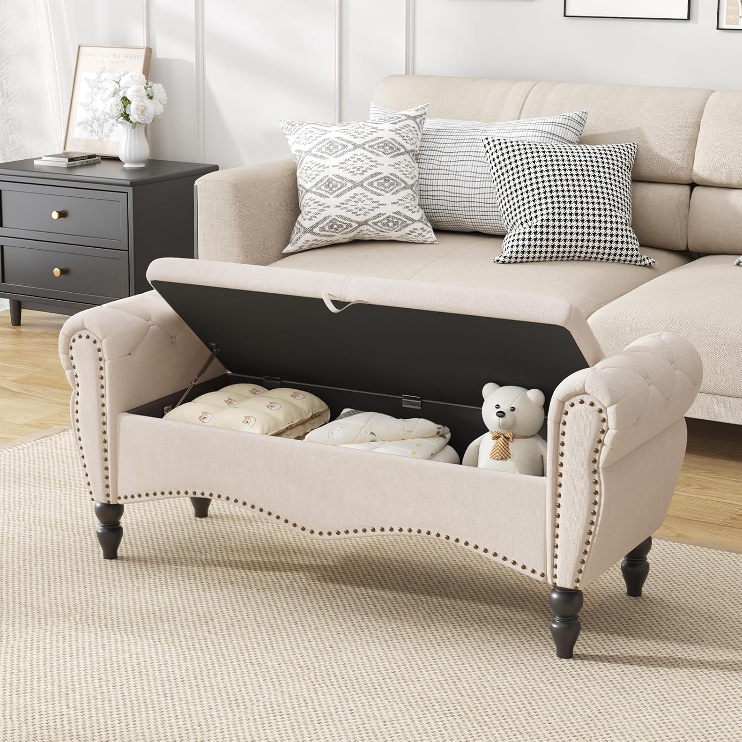 Furniliving Modern Storage Ottoman Bench, Sherpa Ottoman End of Bed Bench with Solid Wood Legs Upholstered Ottoman Benches with Storage Indoor Bench