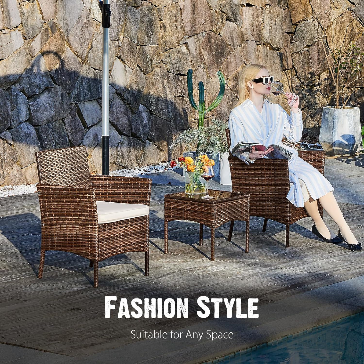 Sweetcripy Patio Furniture Set 3 Pieces, Outdoor Furniture with Soft Cushion and Glass Table, All Weather Manual Weaving Wicker Rattan Patio Chairs for Garden, Terrace, Porch(Black and Beige)