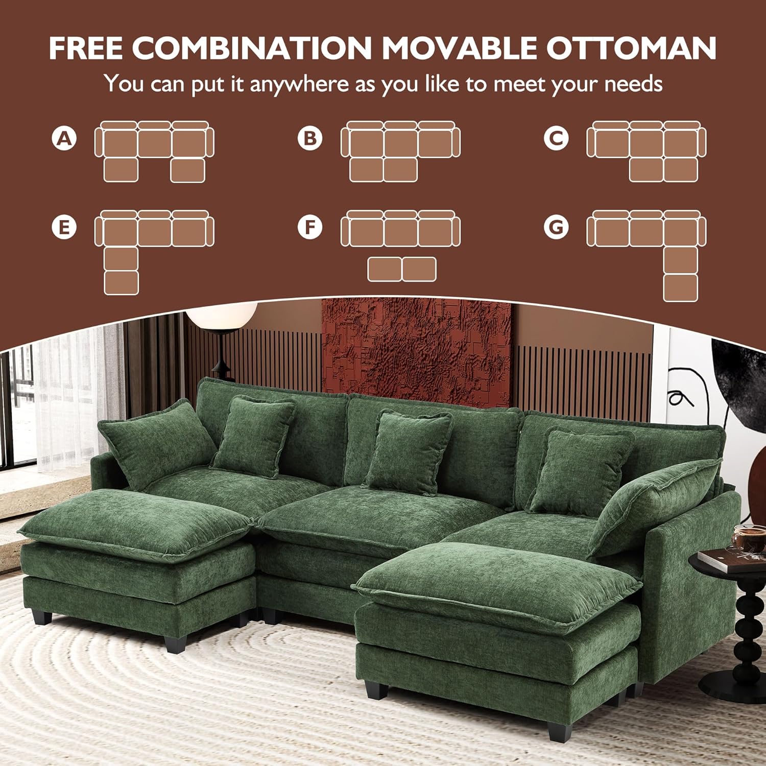 111.4 Inch L Shaped Modern Sofa Modular Cloud Sofa with Ottoman 4 Seater Chenille Deep Seat Sofa