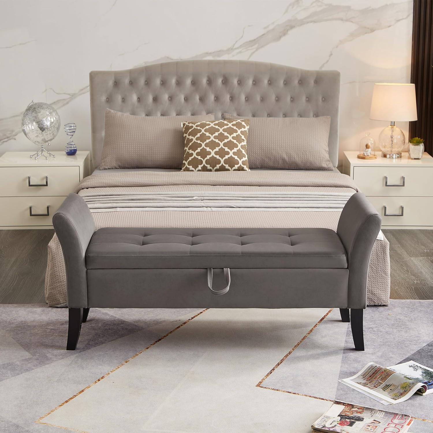 Furniliving Modern Storage Ottoman Bench, Sherpa Ottoman End of Bed Bench with Solid Wood Legs Upholstered Ottoman Benches with Storage Indoor Bench