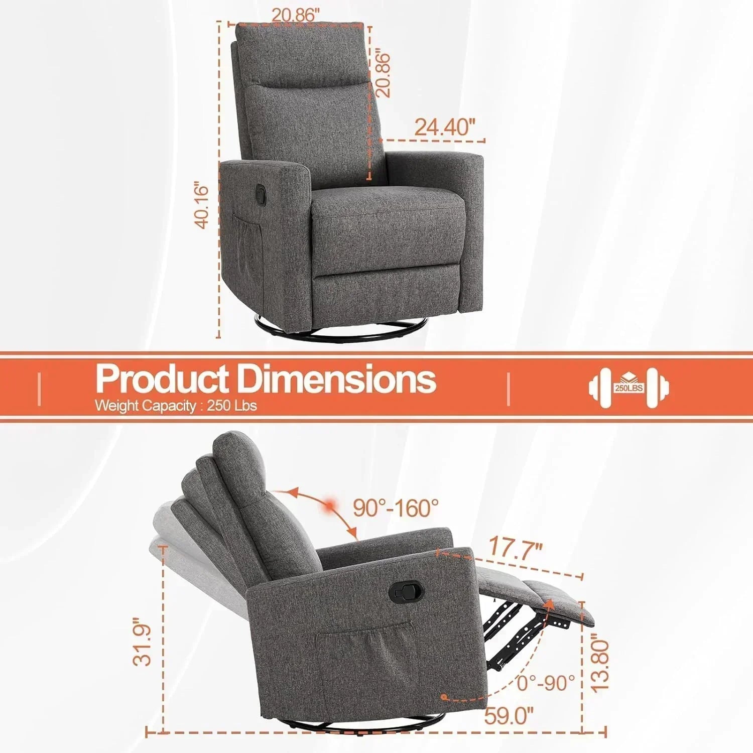 Sweet and crisp rocking chair 360 degree rotating recliner with sliding function