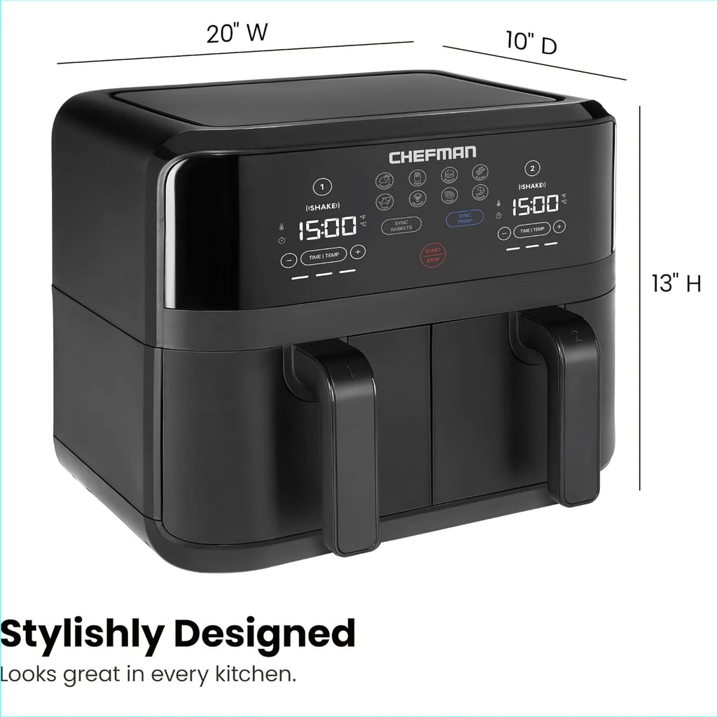 Chefman 6 Quart Dual Basket Air Fryer - Digital Touchscreen, Smart Sync Finish, Hi-Fry, Auto Shutoff, 2 Independent 3QT Nonstick Dishwasher-Safe Frying Baskets - Digital Double Air Fryer - Black