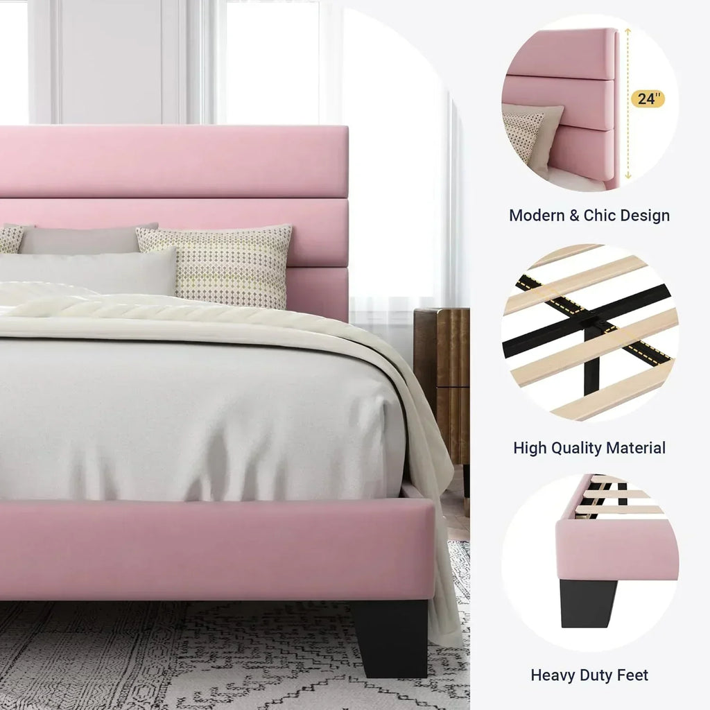 Allewie Queen Size Platform Bed Frame with Fabric Upholstered Headboard Wooden Slats Support