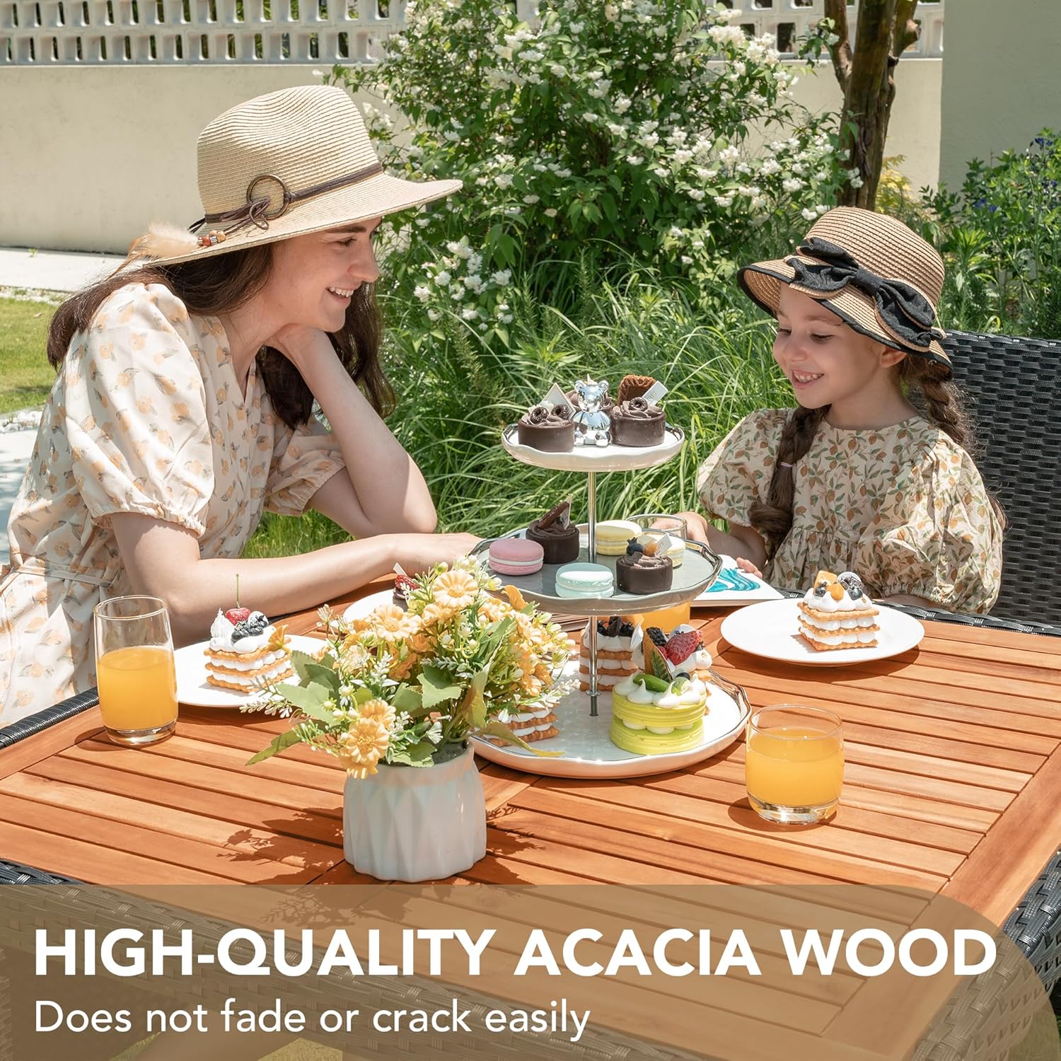 Devoko Dining 7 PCS Furniture, Patio Conversation Set with Acacia Wood Table Top, Rattan Outdoor, Black