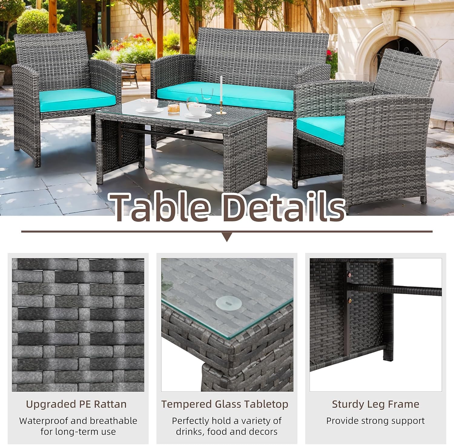 Shintenchi 4 Piece Patio Ratten Set Outdoor Furniture Set Wicker Conversation Set