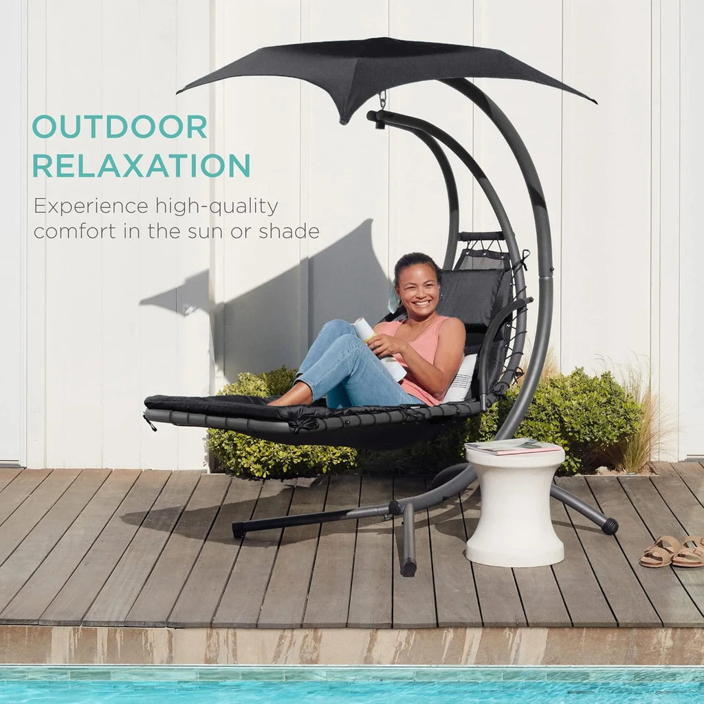 Best Choice Products Outdoor Hanging Curved Steel Chaise Lounge Chair Swing w/Built-in Pillow and Removable Canopy - Teal