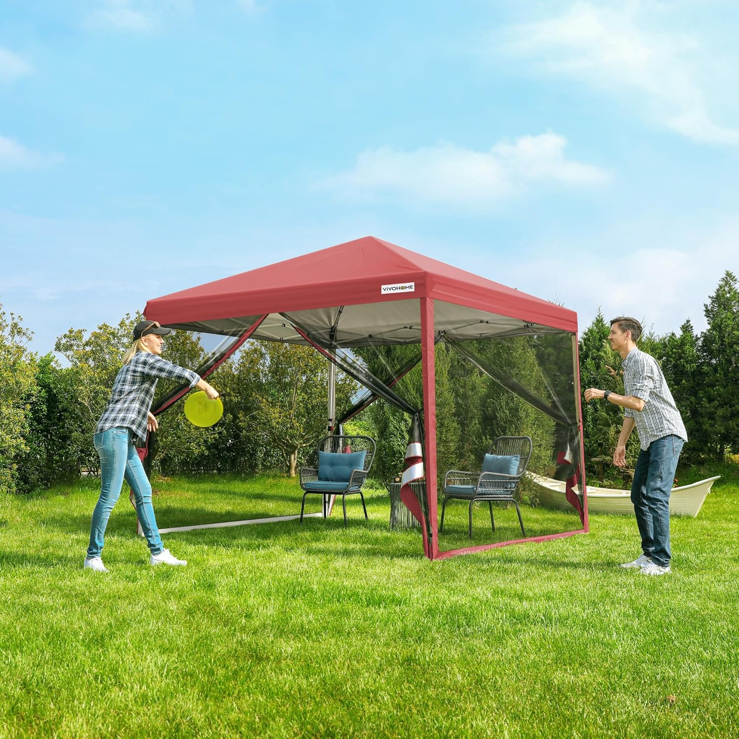 10x10ft Easy Pop-Up Canopy, Outdoor Screen Tent with Mosquito Netting, 2 Zipper Doors, and Roller Bag for Yard Camping Picnic Party Events, Beige