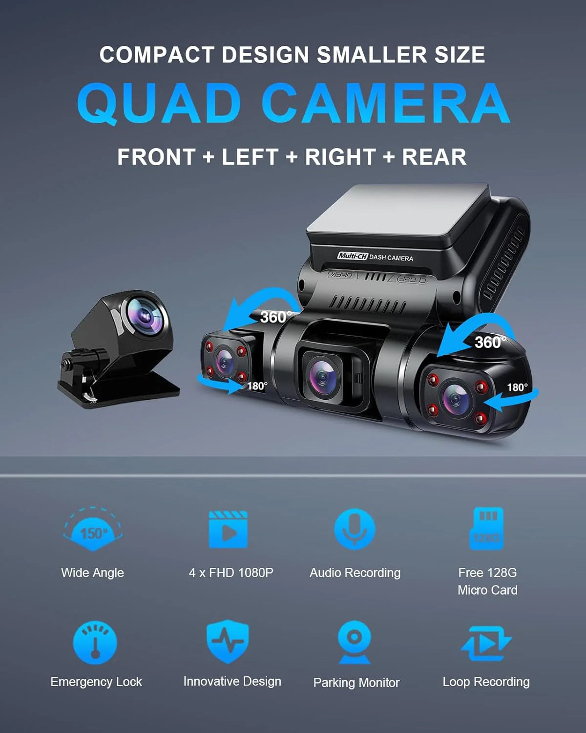 PRUVEEO 360-degree view car dash cam, built-in GPS WiFi night vision, 24/7 all-weather recording parking mode monitor, free 128G card