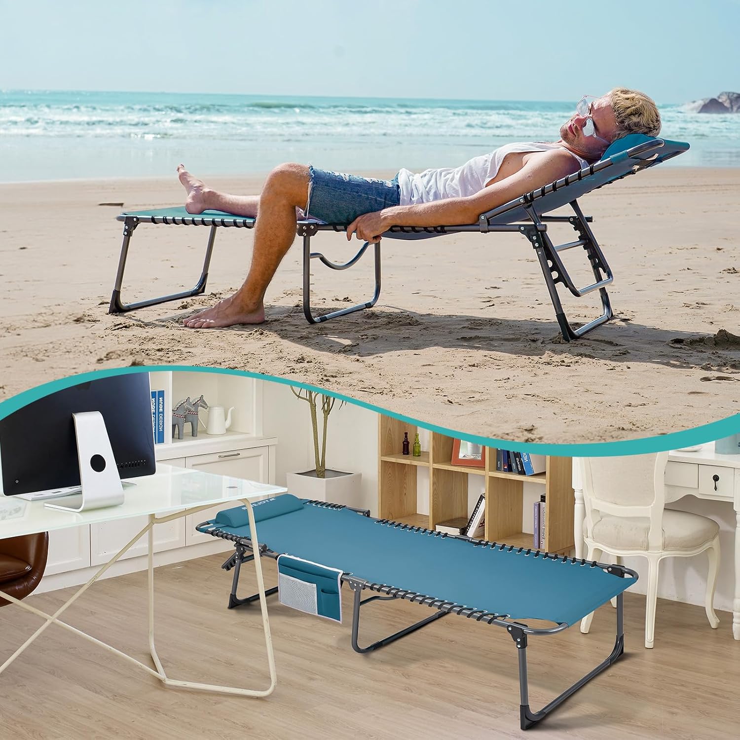 2 Pack Outdoor Chaise Lounge Chair - Portable Folding Patio Pool Lounge Chair, 5 Positions Adjustable Reclining Camping Chair with Side Table,Shoulder Strap, Pillow for Beach Sunbathing Lawn