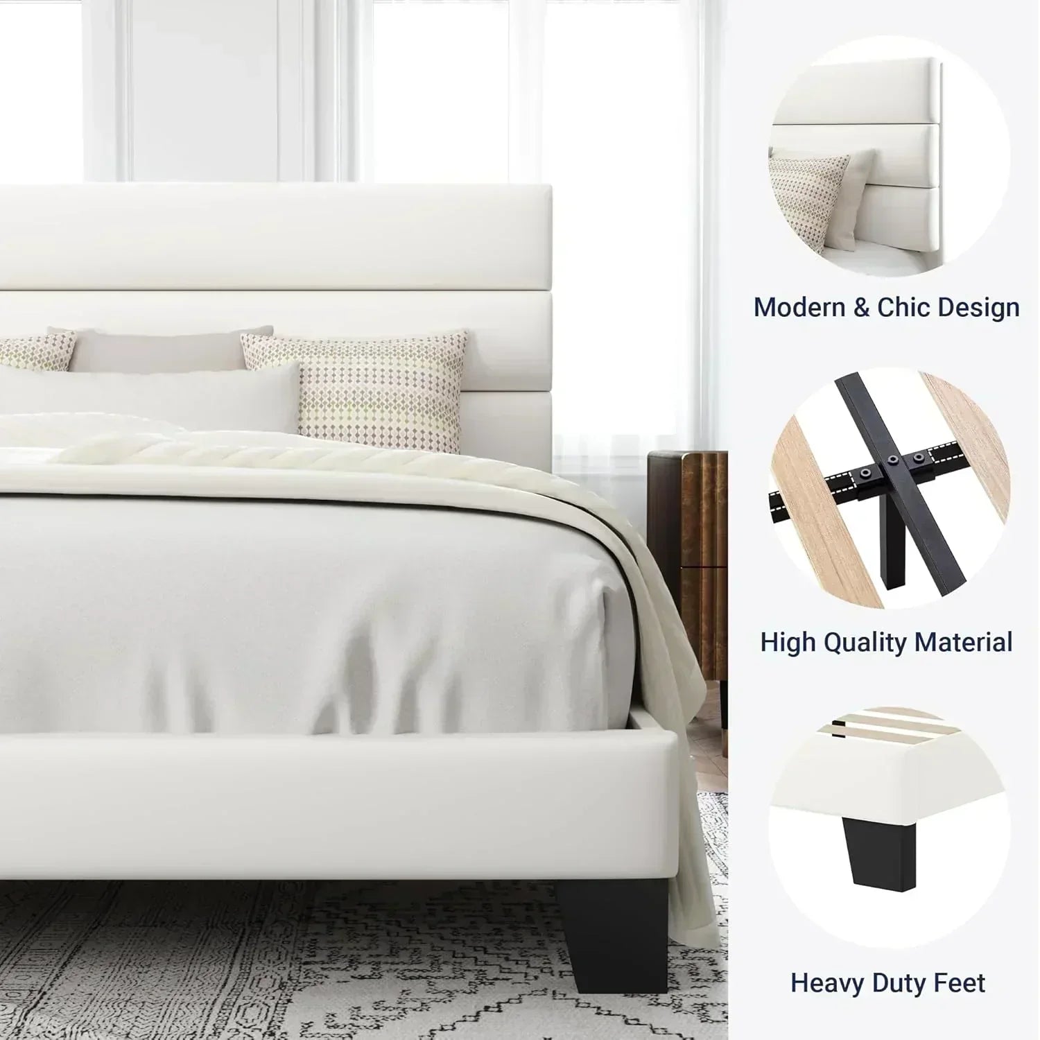 Allewie King size platform bed frame with velvet upholstered headboard and planks