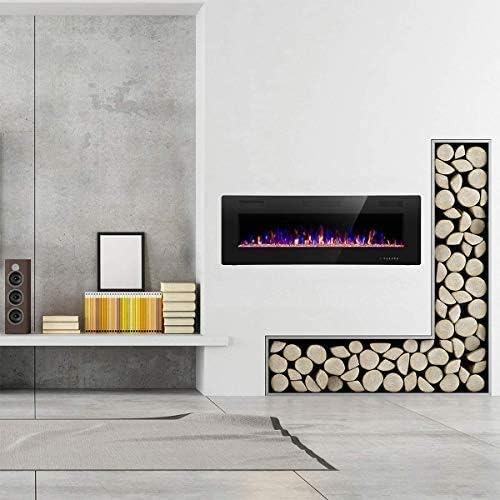 R.W.FLAME 60 Recessed and Wall Mounted Electric Fireplace, Low Noise, Fit for 2 x 6 Stud, Remote Control with Timer, Touch Screen, Adjustable Flame Color and Speed, 750-1500W